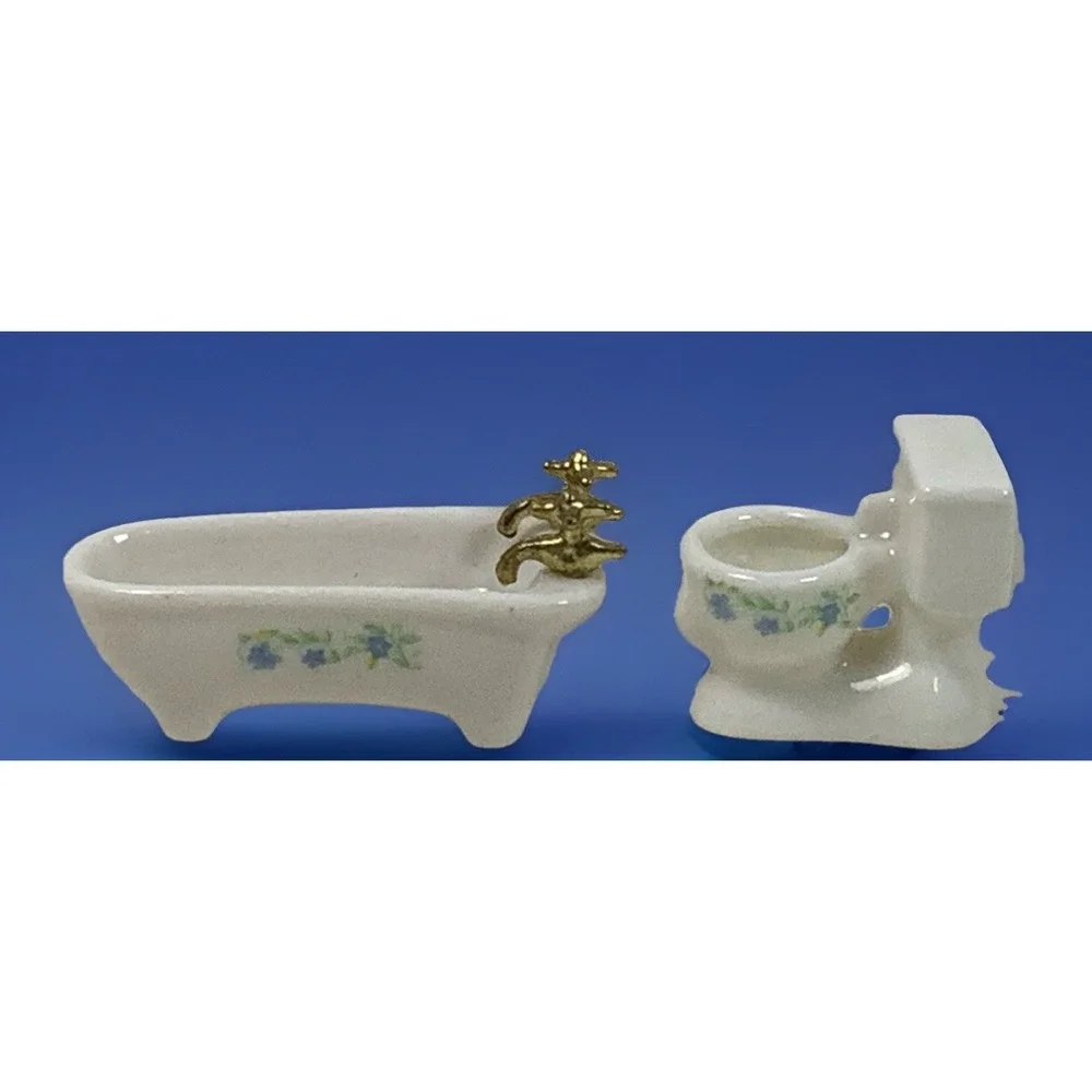 VINTAGE MINIATURE DOLLHOUSE PORCELAIN CLAWFOOT TUB & PEDESTAL‎ SINK